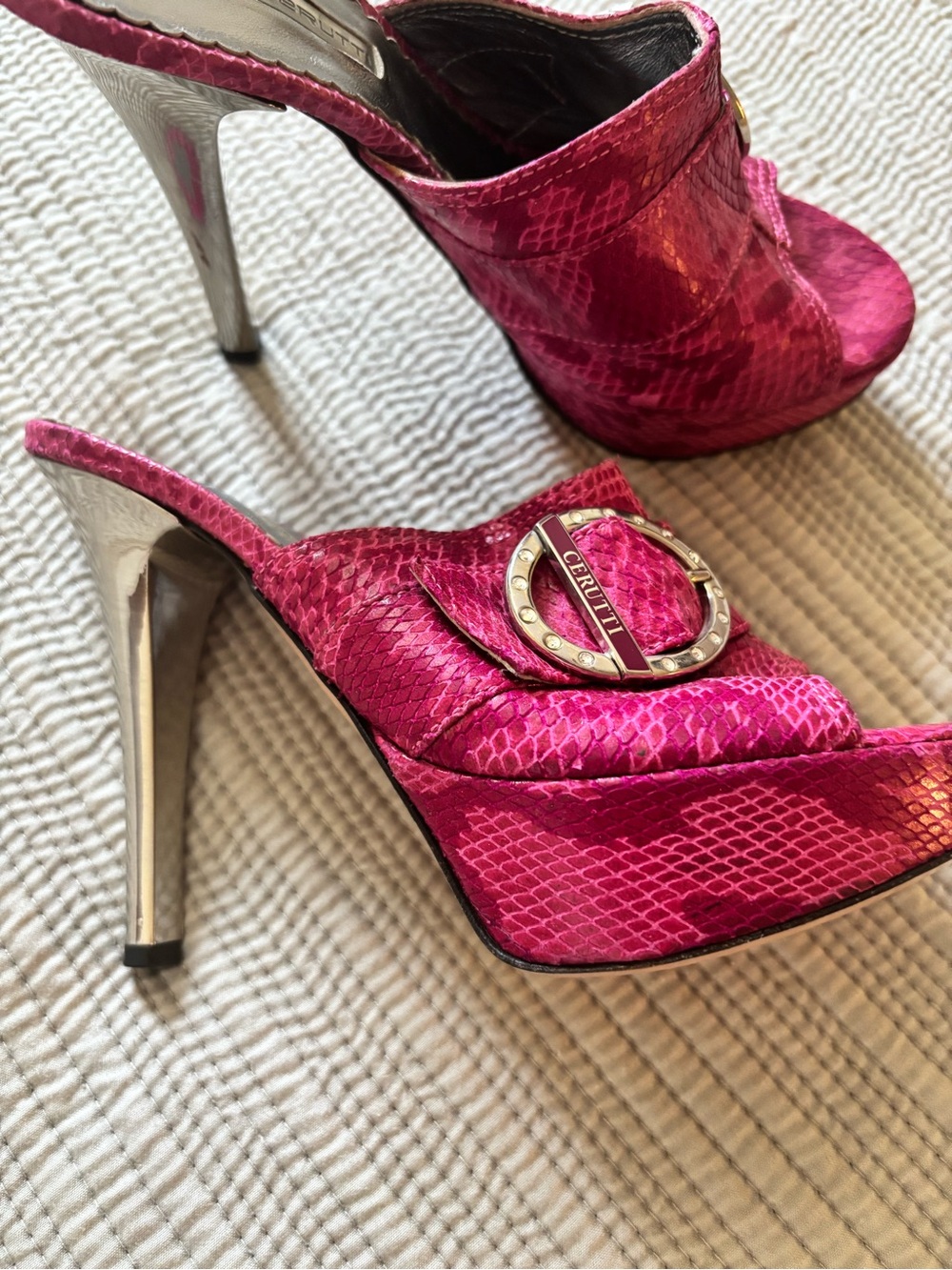 Mario Cerutti Hot Pink Sneak-skin Platform Heels Sandals Made In Italy 6/36